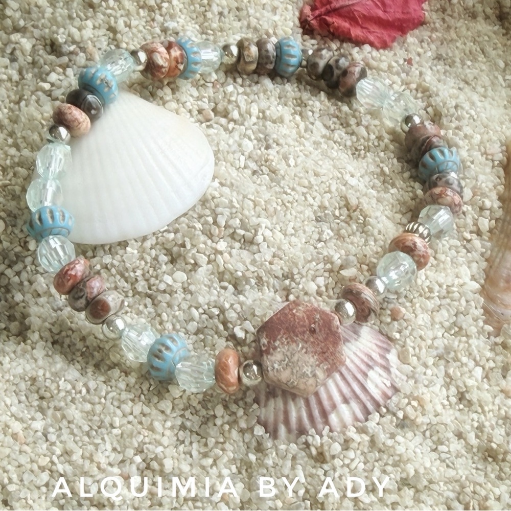 Ocean jasper Blue Turquoise & Peach Bead Bracelet